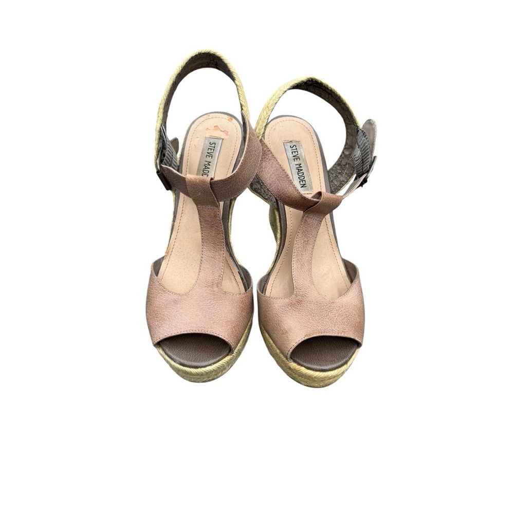Steve Madden Wade‎ T-Strap Wedge Sandals Brown Size 8